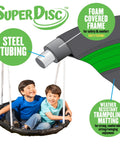 Backyard Swing Set With Multiple Play Stations For Up To Five Kids, Easy Assembly Metal Frame Playground With Padded Frame Legs, Adjustable Non Slip Swing Seats, Foam Padding Disc Swing For Two, Safe Durable Outdoor Fun featuring kids on a foam padded swing with steel tubing and trampoline matting.