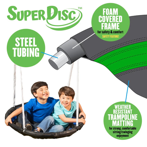 Backyard Swing Set With Multiple Play Stations For Up To Five Kids, Easy Assembly Metal Frame Playground With Padded Frame Legs, Adjustable Non Slip Swing Seats, Foam Padding Disc Swing For Two, Safe Durable Outdoor Fun featuring kids on a foam padded swing with steel tubing and trampoline matting.