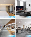Collage showing views of a hotel room, a home living room, a library, and an office space with seating and electronic equipment.