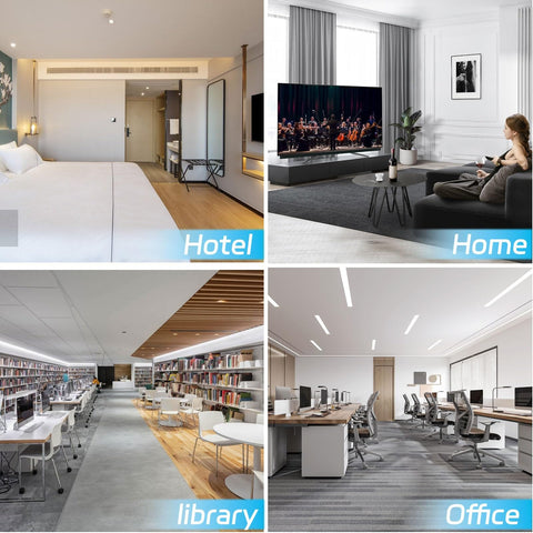Collage showing views of a hotel room, a home living room, a library, and an office space with seating and electronic equipment.