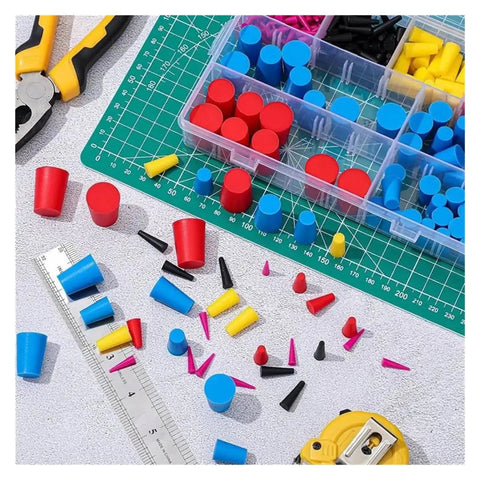 Super Cool 250 Pack Silicone Rubber Tapered Plugs Kit With 8 Sizes Fits Powder Coating High Heat Resistant Cone Set Durable Crack Proof Tool Job Site Hero Stuff, assorted plugs on cutting mat