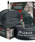 Pack Of 2 29 Inch Bike Inner Tubes With 48mm Presta Valve For Mountain And Hybrid Bikes Fits 29 Inch Tires From 2.1 To 2.6 Inches Made From Durable Butyl Rubber For Easy Inflation And Reliable Air Retention Ride Ready.