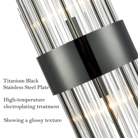 Two Light Modern Titanium Black Crystal Wall Sconces Set Of Two With Clear Glass Rods For Bath Hallway And Bedroom Lighting