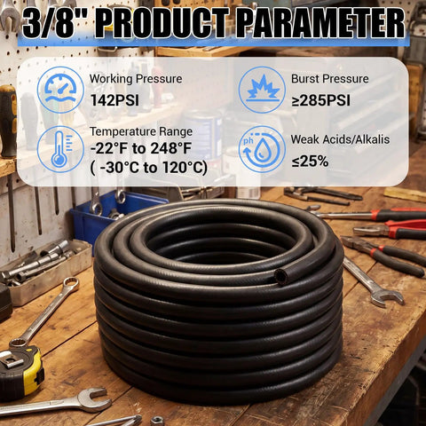 Prime Grade Epdm Heater Hose For Radiator Cooling Systems, 3/8 Inch Inner Diameter, 50 Feet flexible black tubing on a workbench.