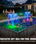 Family enjoying 9000mAh Rechargeable Floating Pool Fountain With Light Show No Solar Needed Anchor Included Large LED Water Pump