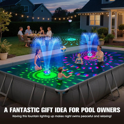 Family enjoying 9000mAh Rechargeable Floating Pool Fountain With Light Show No Solar Needed Anchor Included Large LED Water Pump