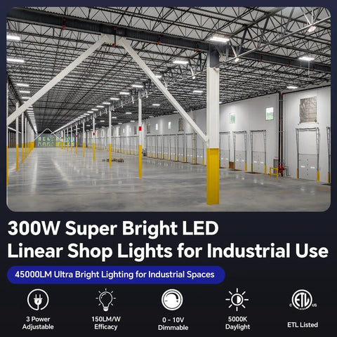 Warehouse with LED Linear High Bay Light 300W Shop Lights Fixture 45000 Lumens 5000K Daylight 0 To 10V Dimmable installed