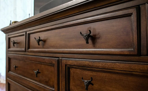 Set Of 6 Steer Skull Drawer Pulls Rustic Brown Cast Iron Cabinet Knobs For Farmhouse Kitchen Drawers Texas Style Home Decor on wooden dresser.