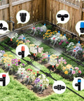 230 Ft Drip Irrigation Kit With Forty Emitters And Adjustable Sprinklers illustrating garden use with flower beds and fencing
