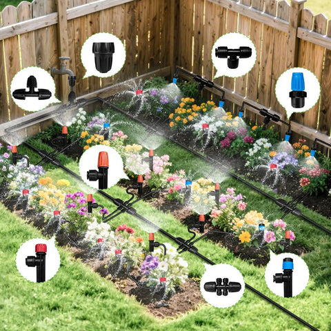 230 Ft Drip Irrigation Kit With Forty Emitters And Adjustable Sprinklers illustrating garden use with flower beds and fencing