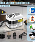 Heavy Duty 2500W Handheld Steam Cleaner with built-in stainless steel water pump and accessories on kitchen countertop.