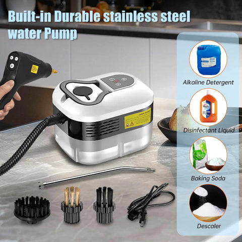 Heavy Duty 2500W Handheld Steam Cleaner with built-in stainless steel water pump and accessories on kitchen countertop.
