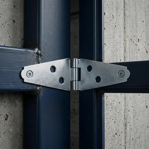 Beefy 6 Pack Heavy Duty Strap Hinges 4 Inch Iron T Shape With Mounting Screws For Light Masonry Door Frames Exterior And Residential Use 180 Degree Opening Durable Silver Finish installed on dark metal gate
