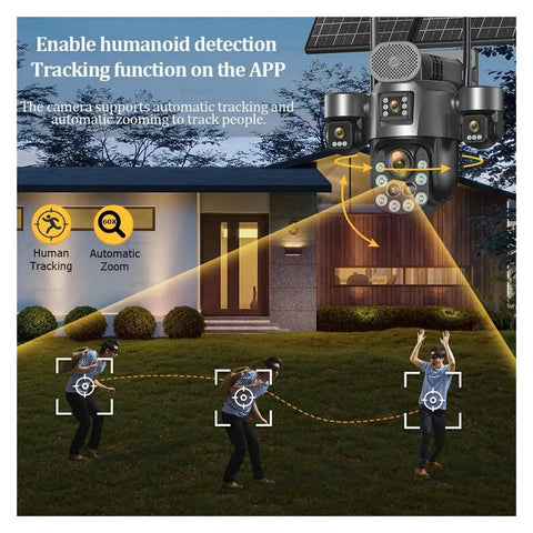 Heavy Duty 4G Solar PTZ Outdoor Security Camera delivering beastly panoramic coverage tracking visitors with humanoid detection.