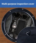 Round boat hatch with detachable cover, showing items stored inside. Non slip, weatherproof ABS construction. Black, 8 inch size.