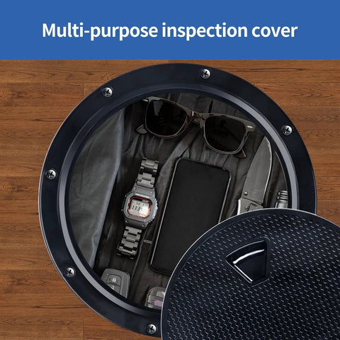Round boat hatch with detachable cover, showing items stored inside. Non slip, weatherproof ABS construction. Black, 8 inch size.