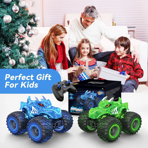 Family with Monster Truck Remote Control Car With Light Spray And LED Boosters 2.4GHz All Terrain RC Toy For Kids 3 Plus