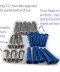 Image showing Torx Security T27 screws, shoulder bolts, barrel nuts, and blue anchors. Tools for Aluminum One Ear Bracket with stainless fasteners.