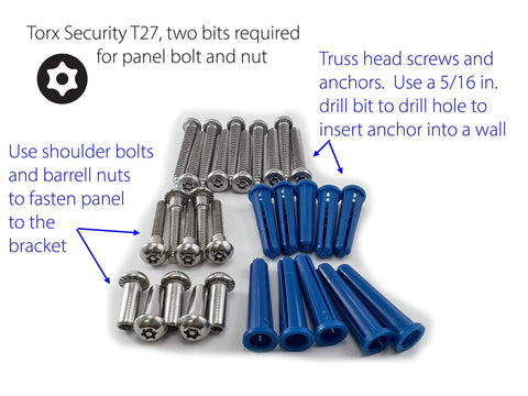 Image showing Torx Security T27 screws, shoulder bolts, barrel nuts, and blue anchors. Tools for Aluminum One Ear Bracket with stainless fasteners.