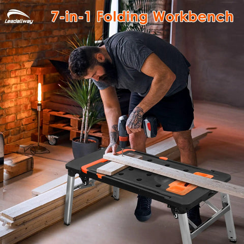 Heavy Duty Adjustable Work Bench And Rolling Tool Storage Cart With Four Locking Caster Wheels Transforms Into Sawhorse Scaffold And Hand Truck For Badass Shop Rigs, being used for drilling on wooden boards.