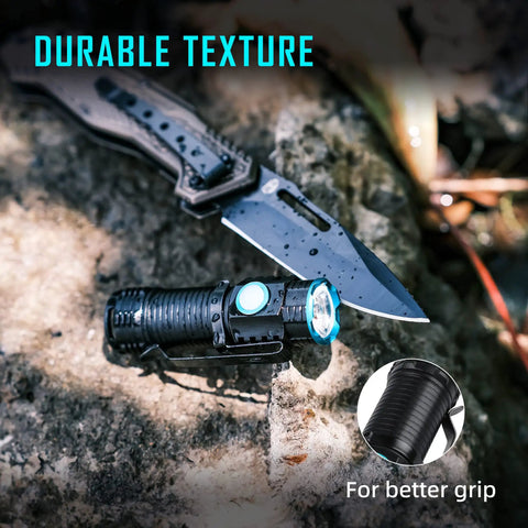 Ultra Bright 1500 Lumen EDC Flashlight Rechargeable Waterproof Mini Light With Clip Four Modes next to a knife on rock