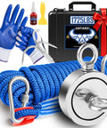 Grtard 1725LB magnet fishing kit with blue braided rope, double-sided neodymium magnet, gloves, tools, and storage case
