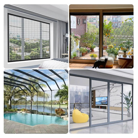 Screen Roll 36 Inch By 100 Foot UV Protective Fiberglass Mesh For Doors And Windows shown on various window and door setups.