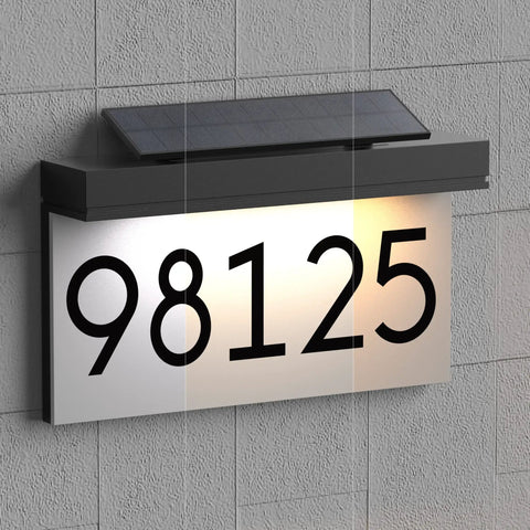 Solar Powered House Numbers Address Plaque With Adjustable Solar Panel And Three Color Lighting For Outdoor Use Waterproof Lighted Address Sign Includes Numbers 0 1 2 3 4 5 6 7 8 9 And Letters A on wall
