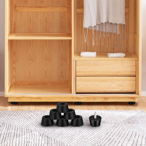 Non Slip Black PVC Furniture Pads Set With Metal Washers, shown with furniture, 120 count, anti skid rubber feet protectors.