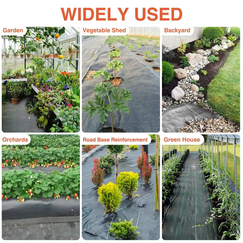 Heavy Duty Weed Barrier Landscape Fabric 3 Foot By 100 Foot Premium Permeable 3.2 Ounce Ground Cover For Gardening And Farming With 20 U Shaped Pegs Weed Control Mat used in various garden settings.