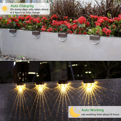 6 Pack Outdoor LED Step Lights With Dual Mode Warm White And Color Changing illuminating garden flowers and fence.