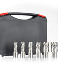 Heavy Duty M2 HSS Annular Cutter Set For Magnetic Drill Press Rips Right Through Hard Steel Badass Hole Saw Bits With One Inch Cut Depth Includes Locking Carry Case, featuring cutter bits and case.
