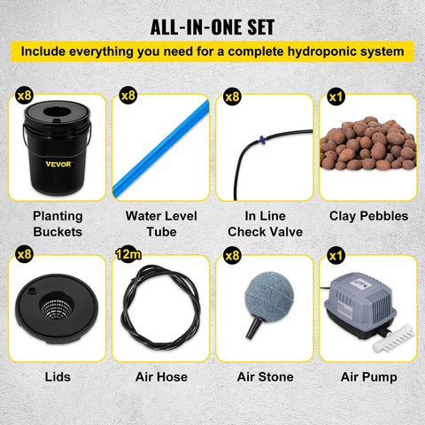 Complete set of DWC Deep Water Culture Hydroponic System For Indoor Outdoor Leafy Greens With 8 Buckets Holding 5 Gallons Each