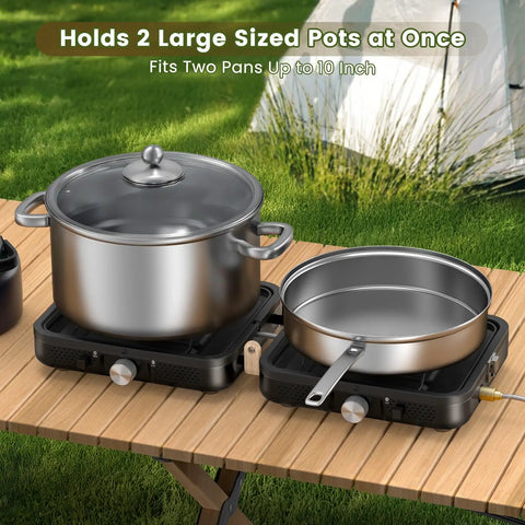 Two Burner Foldable Camp Stove With Dual Surface Griddle Textured And Smooth For Grilling And Breakfast On The Go Carry Bag Included Portable Propane Camp Stove With Piezo Ignition And Adjustable Burners For Camping And Tailgating holding two pots on a wooden table.
