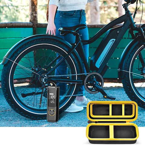 Premium Heavy Duty Portable Air Compressor Storage Case For Tire Inflator And Charging Cables Dope Protection Yellow with bike background.