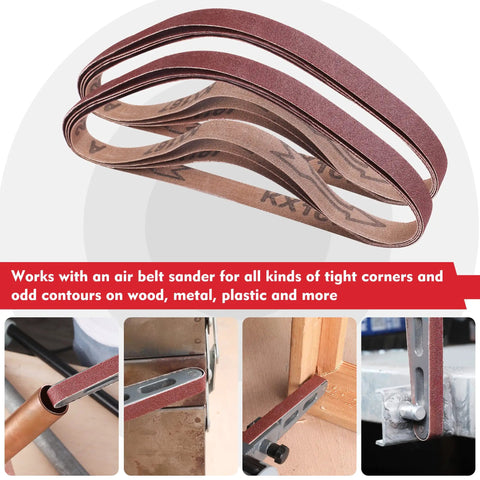 24 Pack Half Inch By Eighteen Inch Aluminum Oxide Sanding Belts For Belt Sanders, Assorted Grits, in use on various surfaces