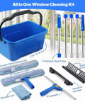 Pro Grade Window Cleaning Kit with 3 Gallon Bucket, 76 Inch Long Handle Squeegee, Microfiber Scrubber, 5 Poles, shown in components.