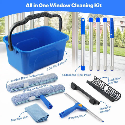 Pro Grade Window Cleaning Kit with 3 Gallon Bucket, 76 Inch Long Handle Squeegee, Microfiber Scrubber, 5 Poles, shown in components.