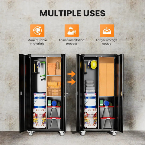72 Inch Garage Storage Cabinet With Lockable File Cabinet And Tool Organizer, Heavy Duty Steel Storage Solution For Garage Workshop Or Home Office, Massive Capacity To Store Tools Hardware And Supplies, Keeps Everything Secure And Neat. open cabinet with tools and bins