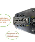 Close-up of Heavy Duty Ratchet Crimping Tool For RF Coax And Fiber Optic Cables With Interchangeable Jaws, size details highlighted.