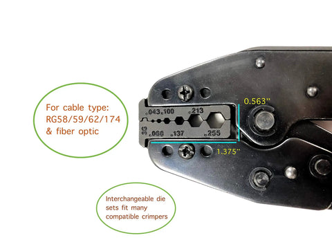 Close-up of Heavy Duty Ratchet Crimping Tool For RF Coax And Fiber Optic Cables With Interchangeable Jaws, size details highlighted.