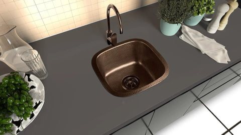 Overhead view of Hand Hammered Copper Kitchen And Bar Sink 15 Inch Atlas Dual Mount Drop In Or Undermount Deep Single Bowl Heavy Gauge