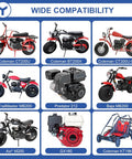 Various mini bikes and go-karts compatible with Beefed Up Performance 212 Exhaust Header Pipe Muffler Silencer Kit shown in grid layout