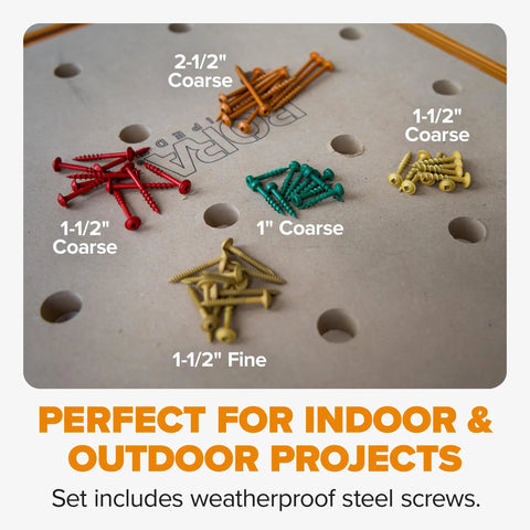 Heavy Duty Aluminum Pocket Hole Jig Kit With Auto Calibrating Clamp System And Fifty Premium Wood Screws for Knockout Furniture Joinery displays assorted screws.