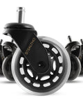 Replacement Office Chair Wheels Set Of 5 With ABEC 9 Precision Bearings Crystal Soft Polyurethane Hardwood Floor And Carpet Safe Heavy Duty Casters Standard Fit 7/16 By 7/8 Inch Up To 550 Lb Capacity front view.