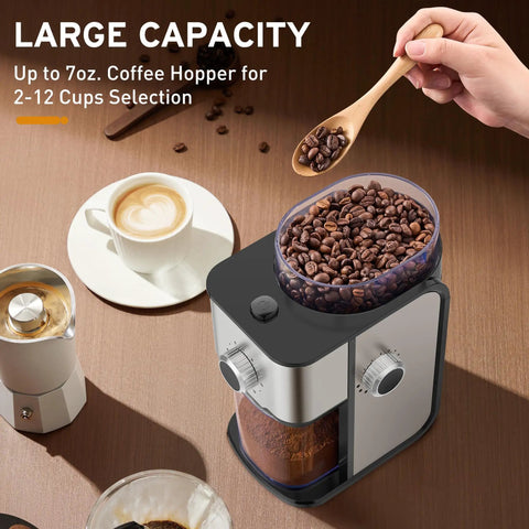 Ollygrin Flat Burr Coffee Grinder With Adjustable Grind Settings For Espresso French Press Capsule with large coffee hopper.
