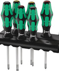 Kraftform Plus Lasertip Screwdriver Set With Rack, 6 Piece Kit, ergonomic grip, green and black, mounted on wall rack