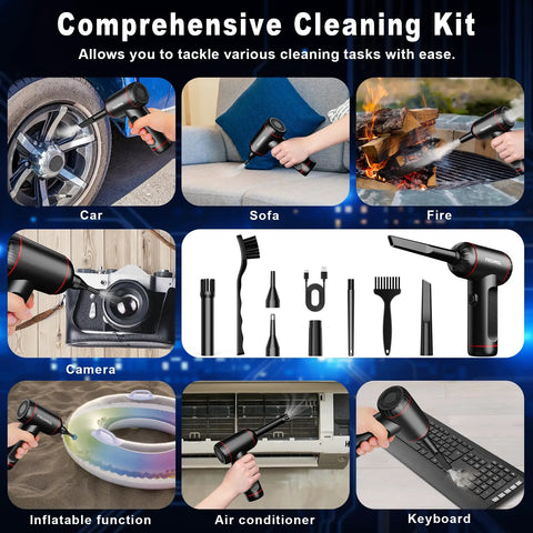 Rechargeable Cordless Air Duster With LED Light 100000 RPM 3 Gear Adjustable Airflow in various cleaning scenarios.