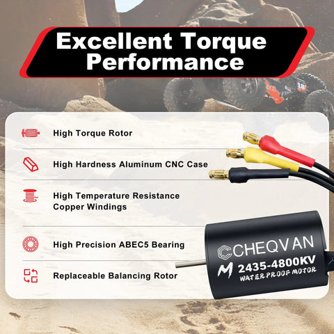High Torque 4800KV Brushless Motor and 35A ESC Combo for Traxxas RC Cars with specifications on a desert background.