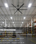Straight Up 144 Inch HVLS Industrial Ceiling Fan Built Tough With 130W DC Motor Six Reversible Aluminum Blades Plus Smart Remote Control positioned in a warehouse.